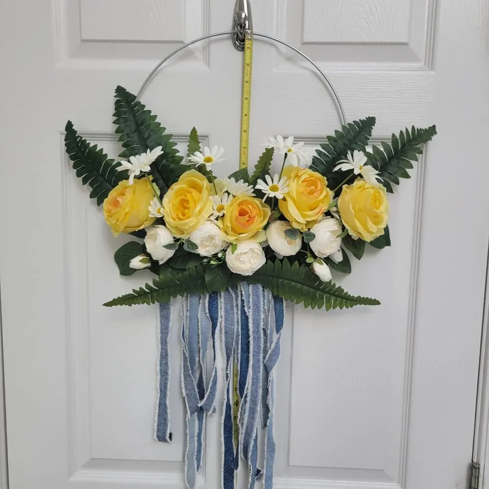 Galvanized Hoop Wreath with Yellow Roses, Daisies, Ferns & Denim Streamers